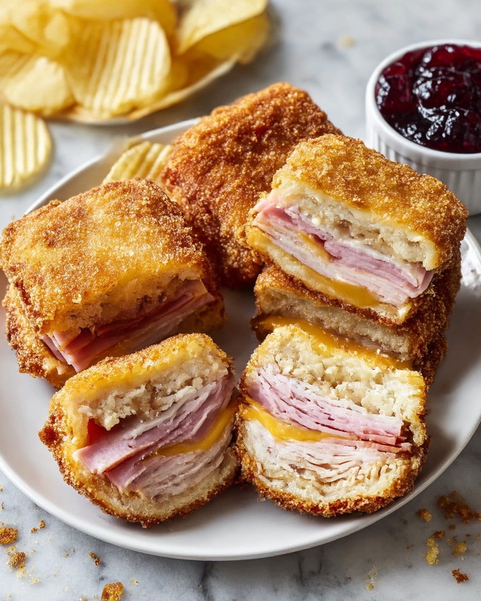 The image shows three deep-fried sandwiches on a round white plate placed on a white marbled texture. Each sandwich has multiple layers visible inside; slices of pink ham, pale turkey or chicken meat, and yellow melted cheese are stacked between a light golden-brown, crispy fried outer crust. The layers inside are thin and neatly arranged, contrasting with the crunchy and textured fried outside. Around the sandwiches, light yellow potato chips add texture. A small white cup filled with dark red jelly sits on the plate’s edge, complementing the colors and textures. There is also a light dusting of powdered sugar on the plate and food, enhancing the look. photo taken with an iphone --ar 4:5 --v 7