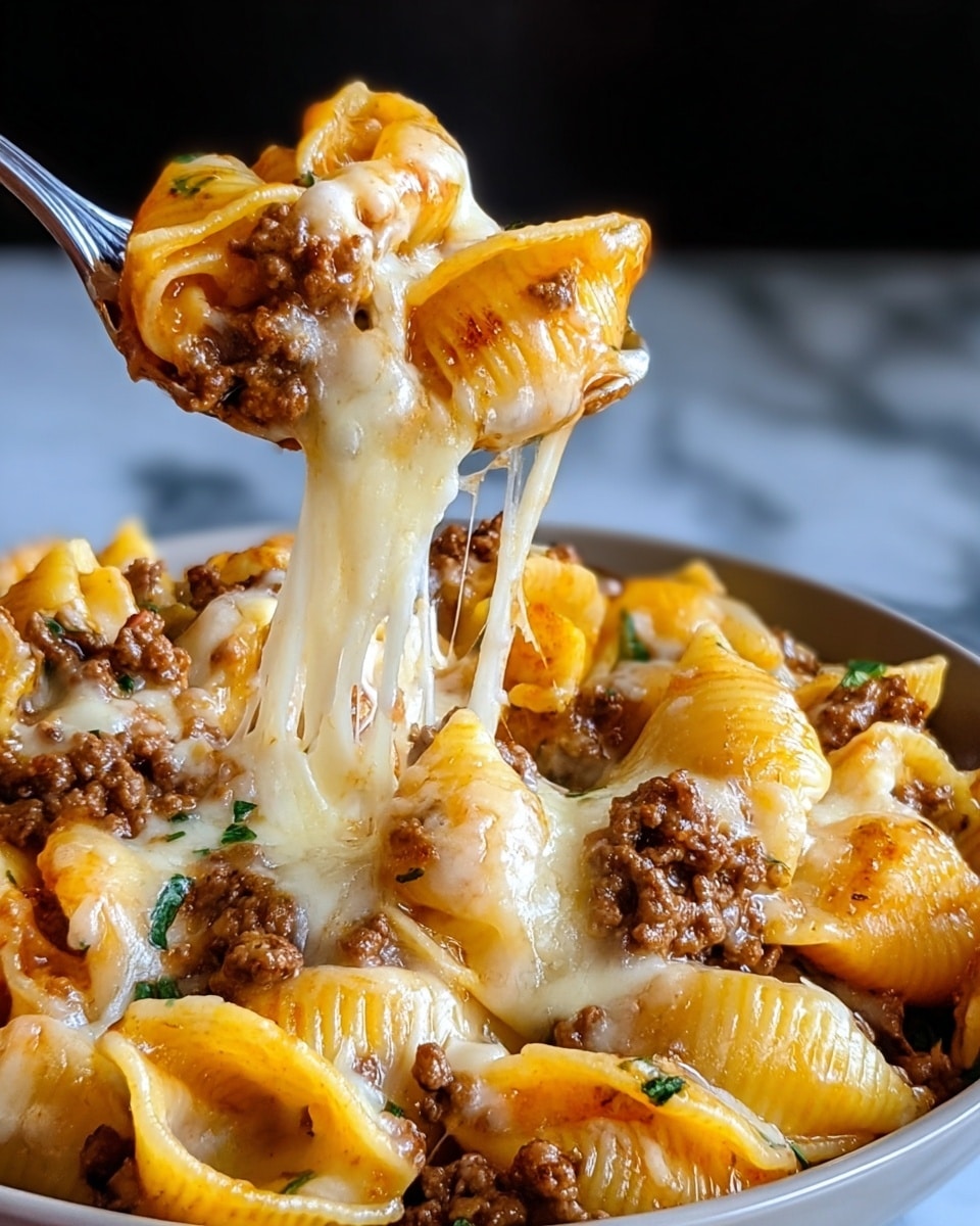 The image shows a close-up of cheesy pasta shells mixed with ground beef. The dish has a rich, golden-yellow melted cheese layer coating the pasta shells, which are slightly open to reveal the filling. The ground beef is brown and crumbly, spread evenly among the pasta, with some visible small green herb pieces scattered throughout. A spoon lifts a portion, stretching melted white and golden cheese strings dramatically. The pasta and meat sit in a shallow white bowl on a white marbled surface with a blurred dark background, emphasizing the warm, gooey texture of the food. Photo taken with an iphone --ar 4:5 --v 7