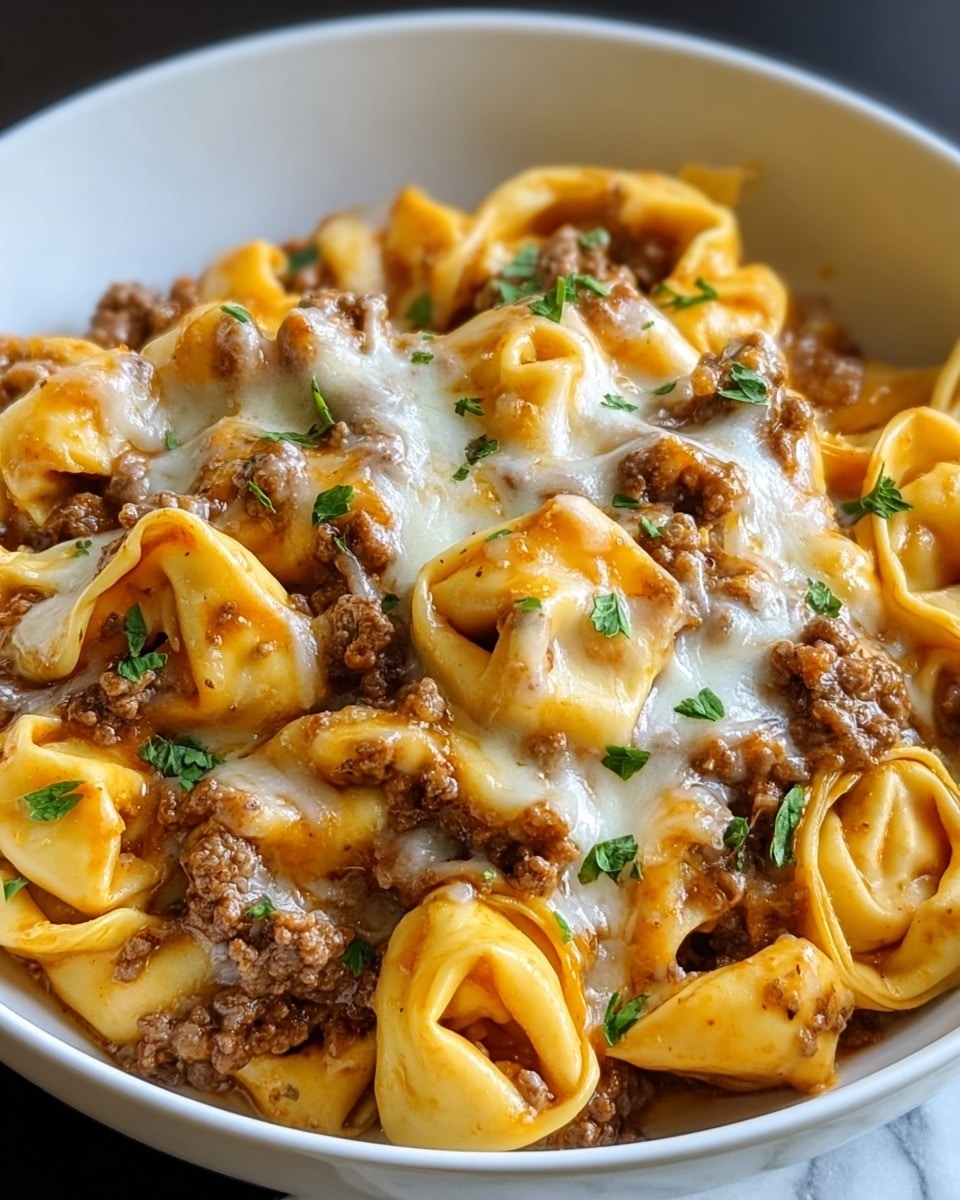 The image shows a close-up of a white bowl filled with creamy tortellini pasta layered with small chunks of brown cooked ground meat mixed in a rich, orange-tinted cheese sauce. On top, a melted layer of white cheese with a smooth, slightly stringy texture covers some meat pieces, garnished with small bright green parsley leaves scattered across the dish. The tortellini pasta is folded with a soft, smooth yellow surface, creating a textured and hearty look. The bowl sits on a white marbled surface. photo taken with an iphone --ar 4:5 --v 7