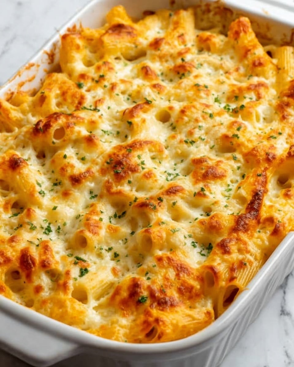 The image shows a baked pasta dish in a white rectangular baking dish. The pasta is penne, covered with a thick, golden-brown melted cheese layer on top. The cheese texture looks bubbly and slightly crispy around the edges. Scattered green herbs are sprinkled on the surface, adding a touch of color. The pasta underneath is creamy and light orange, visible where the cheese has not fully covered it. The white marbled surface is barely visible around the dish edges. photo taken with an iphone --ar 4:5 --v 7