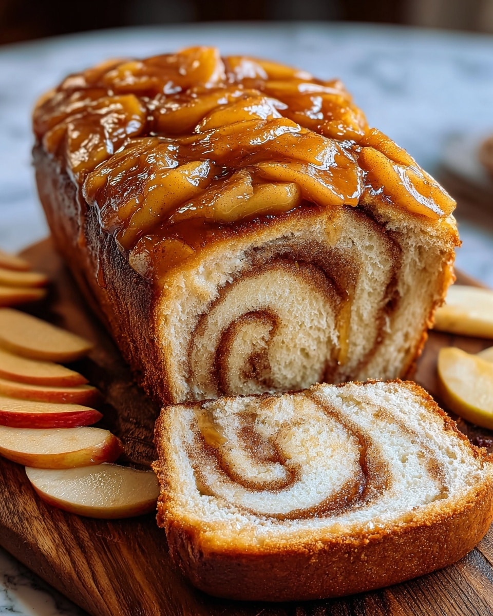 A loaf cake with one slice cut and laid in front, showing a light golden-brown swirled interior with cinnamon specks, topped thickly with glossy, caramelized apple chunks coated in a shiny amber glaze. The twisty swirl inside contrasts with the moist, dense texture of the cake. Around the wooden board, there are thin apple slices with red skin arranged casually, all set on a white marbled textured surface. The scene is close-up and detailed, giving a warm, cozy feeling. Photo taken with an iphone --ar 4:5 --v 7