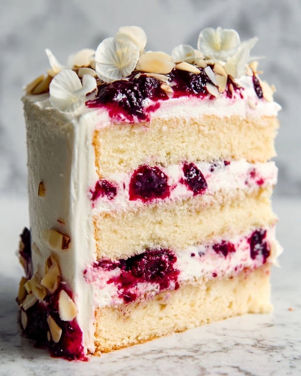 The image shows a tall cake with three layers of light yellow sponge. Between each sponge layer, there is a thick spread of dark purple berry jam mixed with white cream. The entire cake is covered with white cream frosting. On top, there are small white chocolate curls and bits of dark purple berries scattered. The texture of the cream is smooth and soft. The background is a white marbled surface. Photo taken with an iphone --ar 4:5 --v 7