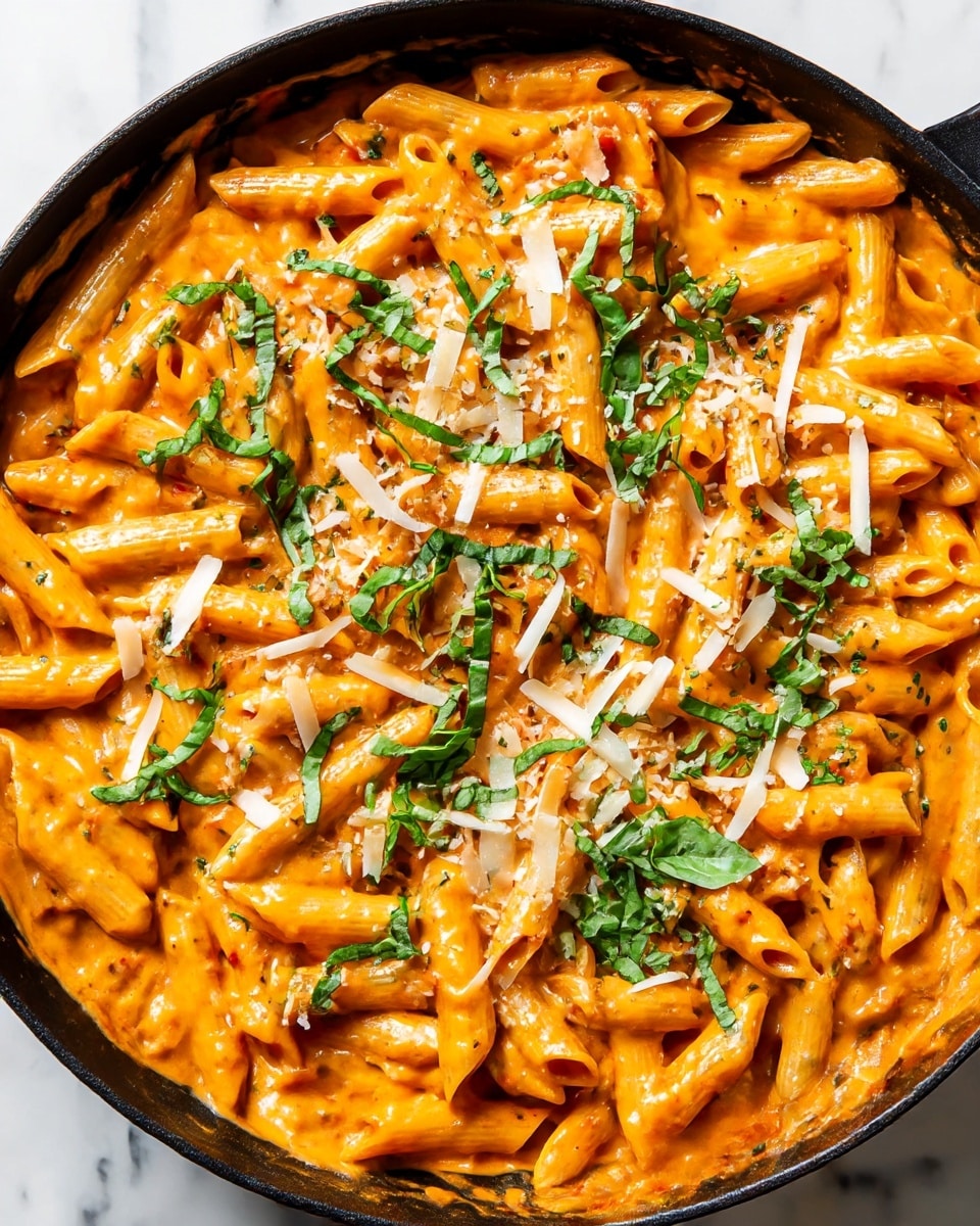 The image shows a close-up of a black pan filled with creamy penne pasta. The pasta is coated in a rich, orange-red sauce that looks smooth and thick. On top, thin strips of fresh green basil are spread evenly, adding a fresh touch. There are also small bits of grated white cheese sprinkled over the pasta, giving it a slightly textured look. The pan sits on a white marbled surface. photo taken with an iphone --ar 4:5 --v 7