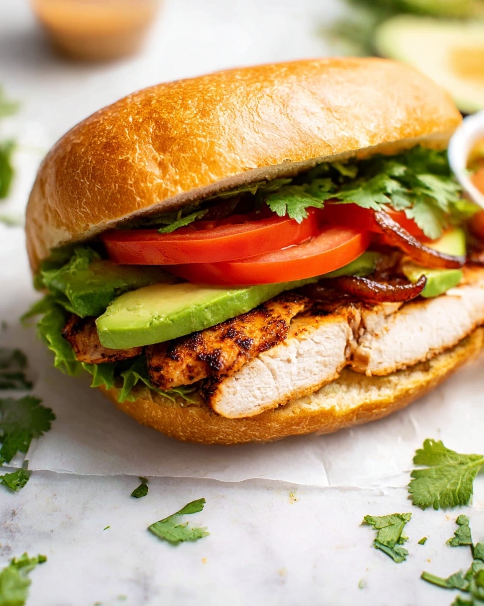 A close-up view of a sandwich with a golden toasted hoagie roll on top and bottom, slightly shiny and crisp on the surface. The first visible layer inside is thick, grilled chicken slices with a charred texture and white juicy meat showing. On top of the chicken are pieces of green avocado with a smooth texture, and fresh green cilantro leaves scattered throughout. There is also a layer of diced tomatoes that add a bright red color and a bit of salsa or sauce with a chunky, reddish-brown look. The sandwich is placed on a white marbled surface with scattered cilantro leaves around it. Photo taken with an iphone --ar 4:5 --v 7