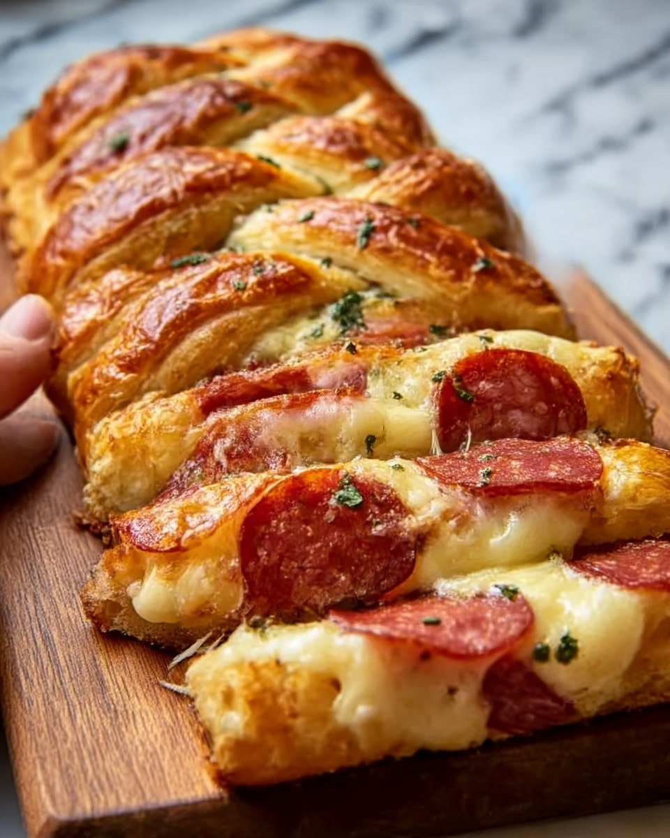 The image shows a sliced braided bread filled with melted cheese and pepperoni slices. The bread is golden brown and looks crispy, with a shiny surface and some fresh green herbs sprinkled on top. Each slice reveals layers inside: the soft white dough, the bright red pepperoni, and the creamy melted cheese. The bread is placed on a wooden board, with a white marbled texture surface in the background. Photo taken with an iphone --ar 4:5 --v 7