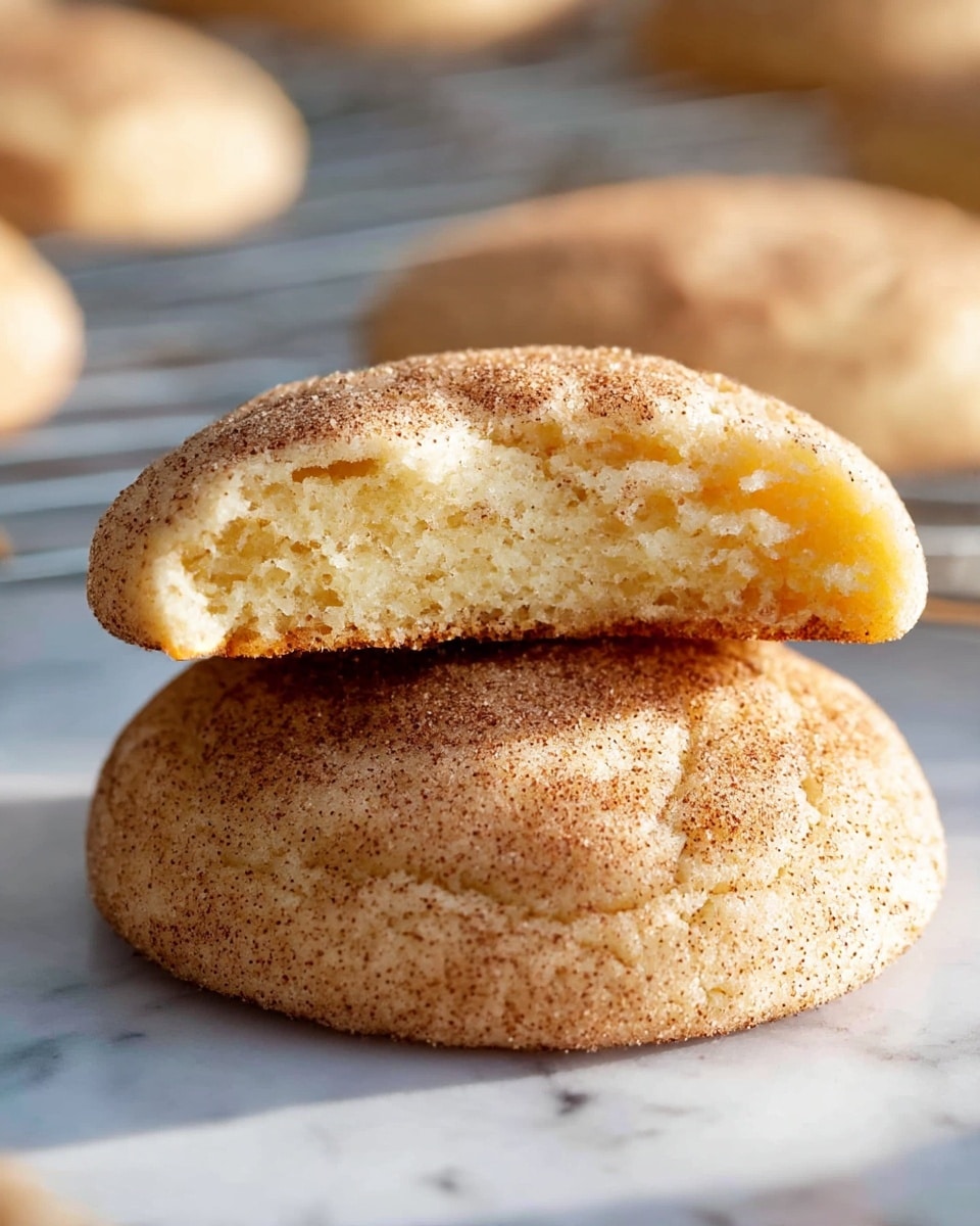 Two soft cookies stacked on top of each other on a white marbled surface, the top cookie has a bite taken out, showing a light, fluffy inside with a soft texture. Both cookies are pale beige with a dusting of cinnamon sugar all over, giving a speckled brown look. In the blurred background, more cookies rest on a cooling rack. photo taken with an iphone --ar 4:5 --v 7