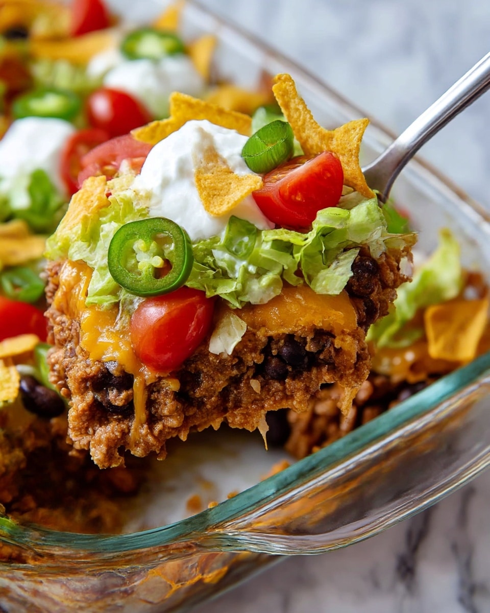A close-up of a spoon lifting a layered taco casserole from a clear glass baking dish on a white marbled surface, showing four layers: a base of cooked ground beef mixed with black beans, followed by a layer of melted cheddar cheese, topped with chopped fresh green lettuce, halved red grape tomatoes, and sliced green jalapeños, and finished with dollops of white sour cream and crunchy yellow corn chips evenly placed on top. Photo taken with an iphone --ar 4:5 --v 7