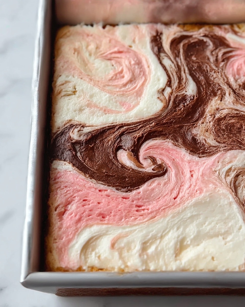 A close-up of a rectangular cake in a gray baking pan, showing a cut revealing three clear layers inside. The bottom layer is a dense cake with mixed colors: white, patches of pink, and dark brown spots in an uneven swirl. The top layer consists of thick swirls of creamy frosting in pink, white, and rich dark brown, spread evenly but with a textured, swirled appearance. The swirls on top are large and round, blending softly into each other. The pan rests on a white marbled surface with a white cloth underneath, and there is a neat stack of white plates blurred in the background. photo taken with an iphone --ar 4:5 --v 7