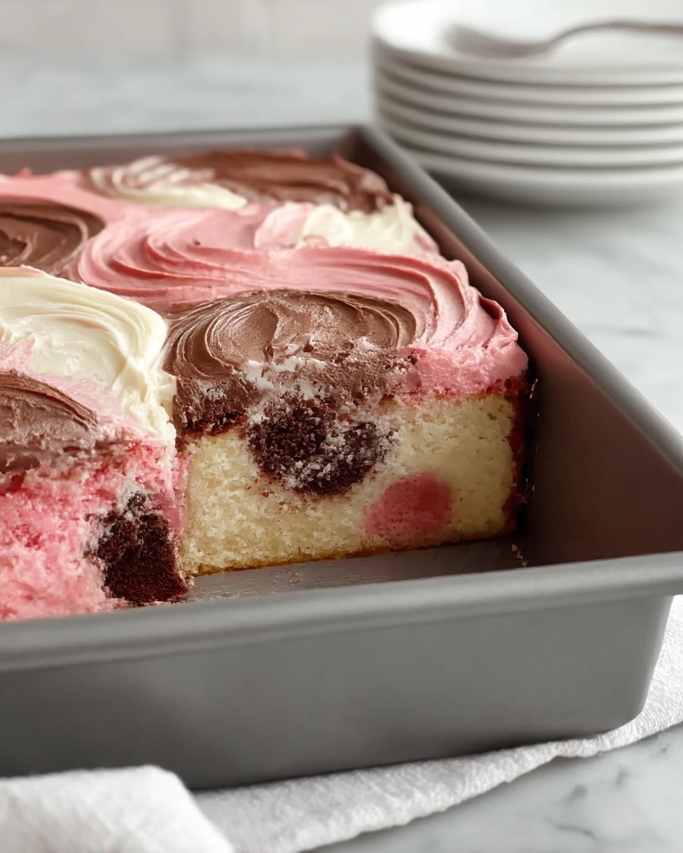 A close-up view of a square cake in a silver baking pan, with three different swirled layers on top: a light pink creamy layer, a dark chocolate creamy layer mixed with white, and a plain white creamy layer. The layers create a marbled pattern with smooth and slightly fluffy textures, covering the light brown cake base. The cake sits on a white marbled surface. photo taken with an iphone --ar 4:5 --v 7