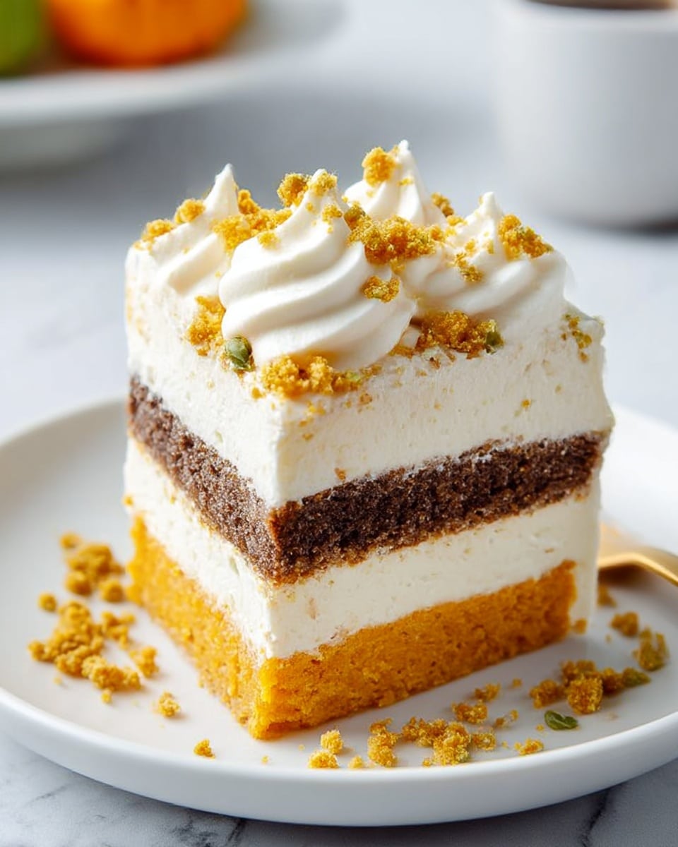 A close-up of a square slice of layered cake on a white plate sitting on a white marbled texture, showing four layers in total: the bottom layer is a dense orange pumpkin base with a slightly rough texture, above it is a thick white creamy layer, then a medium brown cake layer with a soft crumb texture, topped with a thick white whipped cream layer decorated with dollops and sprinkled with golden-brown crumbles. Some crumbles are scattered around the plate's edges. The background is softly blurred with warm tones, giving a cozy feeling. Photo taken with an iphone --ar 4:5 --v 7