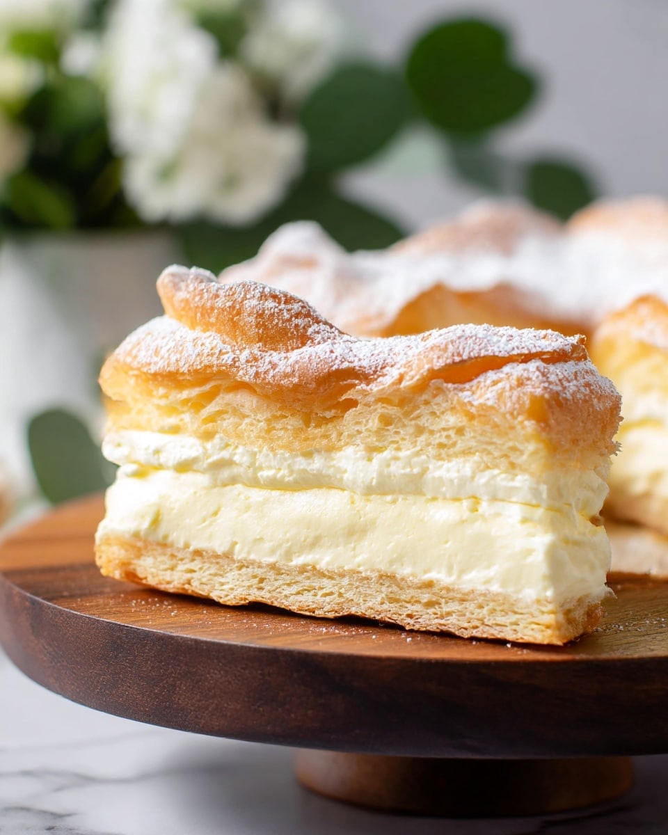 A close-up view of a cream cake slice on a dark wooden cake stand shows three layers: the bottom and top layers are light golden brown, airy puff pastry with a slightly crisp texture, and the middle layer is thick, smooth, and creamy pale yellow filling. The top pastry layer has a light dusting of powdered sugar, giving a soft white contrast. The background is softly blurred with green leaves and white flowers on a white marbled surface. Photo taken with an iphone --ar 4:5 --v 7