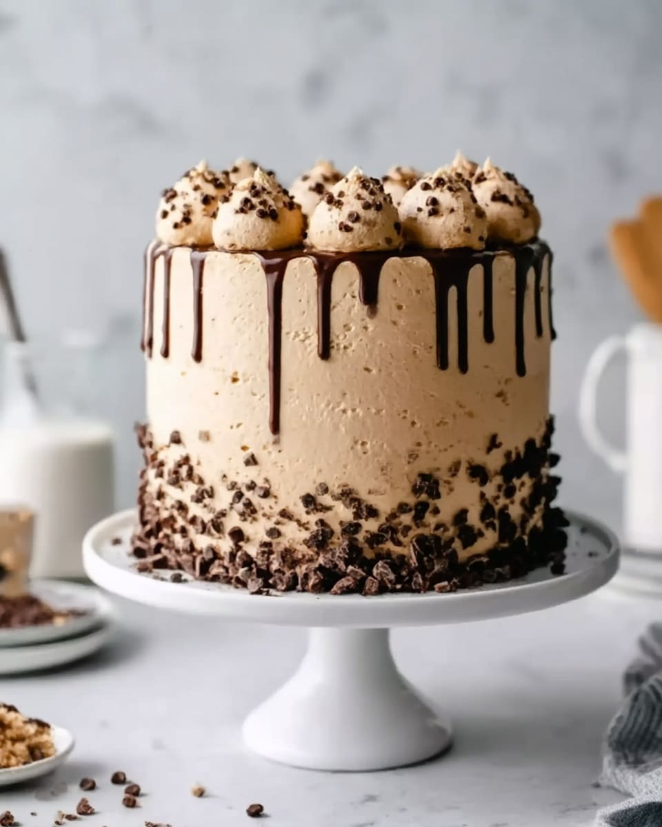 The image shows a tall, round cake with three thick layers covered in smooth light brown frosting. Dark chocolate sauce drips down the sides from the top edge. The top of the cake is decorated with large swirls of light brown frosting, each sprinkled with crushed chocolate pieces and small round candies. Around the base of the cake, there are more crushed chocolate bits. The cake is placed on a white pedestal cake stand, set on a white marbled surface. Photo taken with an iphone --ar 4:5 --v 7