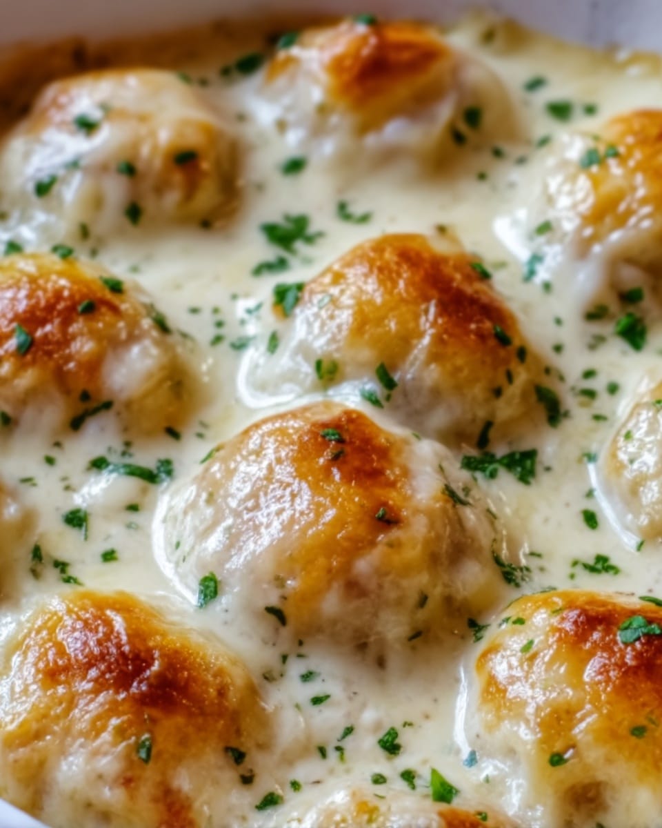 The image shows a close-up of golden brown gnocchi pieces baked in a creamy, white cheese sauce. The gnocchi are arranged in a single layer, each piece covered with melted cheese that has slightly browned in spots, giving a creamy, gooey texture. Small green herb bits are sprinkled evenly across the top, adding a fresh color contrast to the creamy and golden hues. The background is a white marbled texture, highlighting the warm tones of the dish. photo taken with an iphone --ar 4:5 --v 7