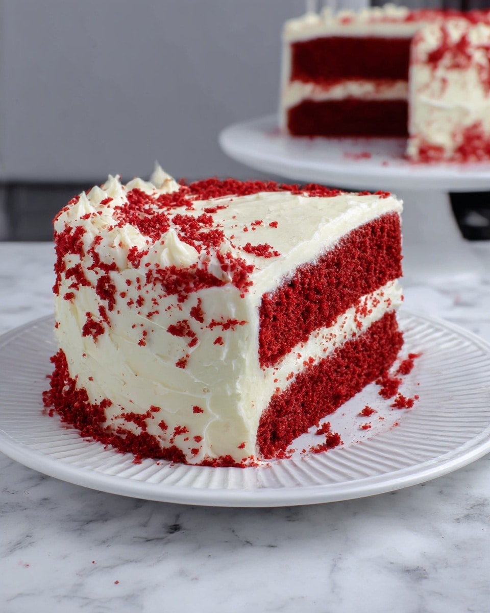 A slice of red velvet cake with two thick layers of moist, deep red sponge separated by a thin, creamy white frosting layer in the middle. The outside is covered with the same smooth, creamy white frosting, slightly textured but cleanly spread. The slice sits on a simple white plate with light ridges on the edge, against a white marbled surface and a soft gray background. A second slice, blurred, appears in the background on a similar white plate. photo taken with an iphone --ar 4:5 --v 7