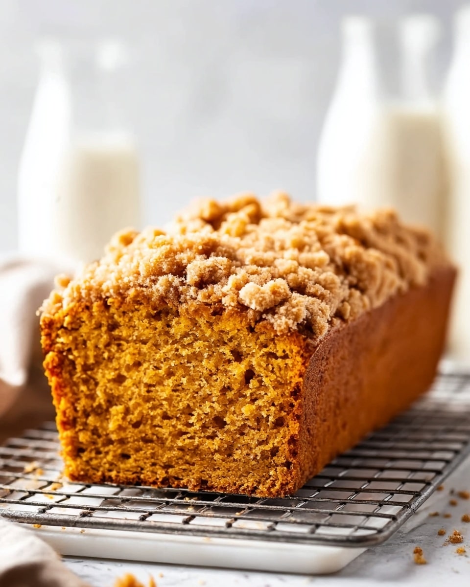 The image shows a pumpkin loaf cake with a golden-brown color and a crumbly streusel topping that looks crunchy and textured. The cake is thick with one solid layer, sitting on a silver cooling rack placed on a white marbled surface. The background is softly blurred with light neutral tones, highlighting the cake's warm colors. Two glass bottles filled with milk are faintly visible in the background, adding a cozy feel. The lighting is natural and bright, making the cake appear fresh and inviting. Photo taken with an iphone --ar 4:5 --v 7