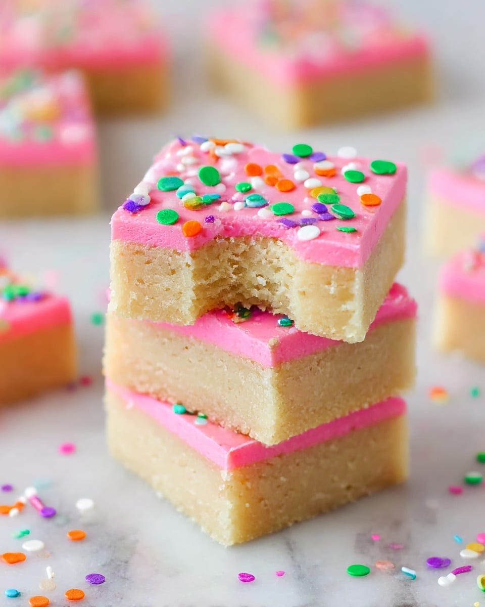 A stack of three square pieces of a dessert with two layers each: a thick, light beige base layer with a soft, dense texture, topped with a smooth, bright pink frosting layer that is about one-fourth the thickness of the base. The top frosting layer is sprinkled with colorful round confetti sprinkles in green, orange, purple, blue, white, and pink. The top piece has a bite taken out from the front showing the texture inside. More pieces with similar layers and colors can be seen blurred in the background on a white marbled surface with extra confetti sprinkles scattered around. Photo taken with an iphone --ar 4:5 --v 7