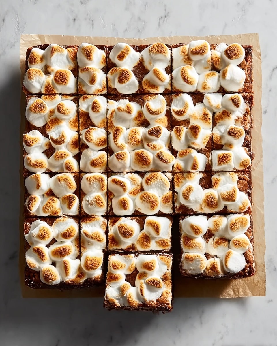 A top view of a square dessert cut into 16 equal squares, each topped with a layer of golden-brown toasted marshmallows that are slightly puffed and browned unevenly. Beneath the marshmallow layer, a thick, dark, rich chocolate layer contrasts with the white and golden topping. One piece is slightly pulled out, showing the gooey texture of the chocolate layer and marshmallows on a thin crust base. The dessert is on parchment paper, placed on a white marbled surface. photo taken with an iphone --ar 4:5 --v 7