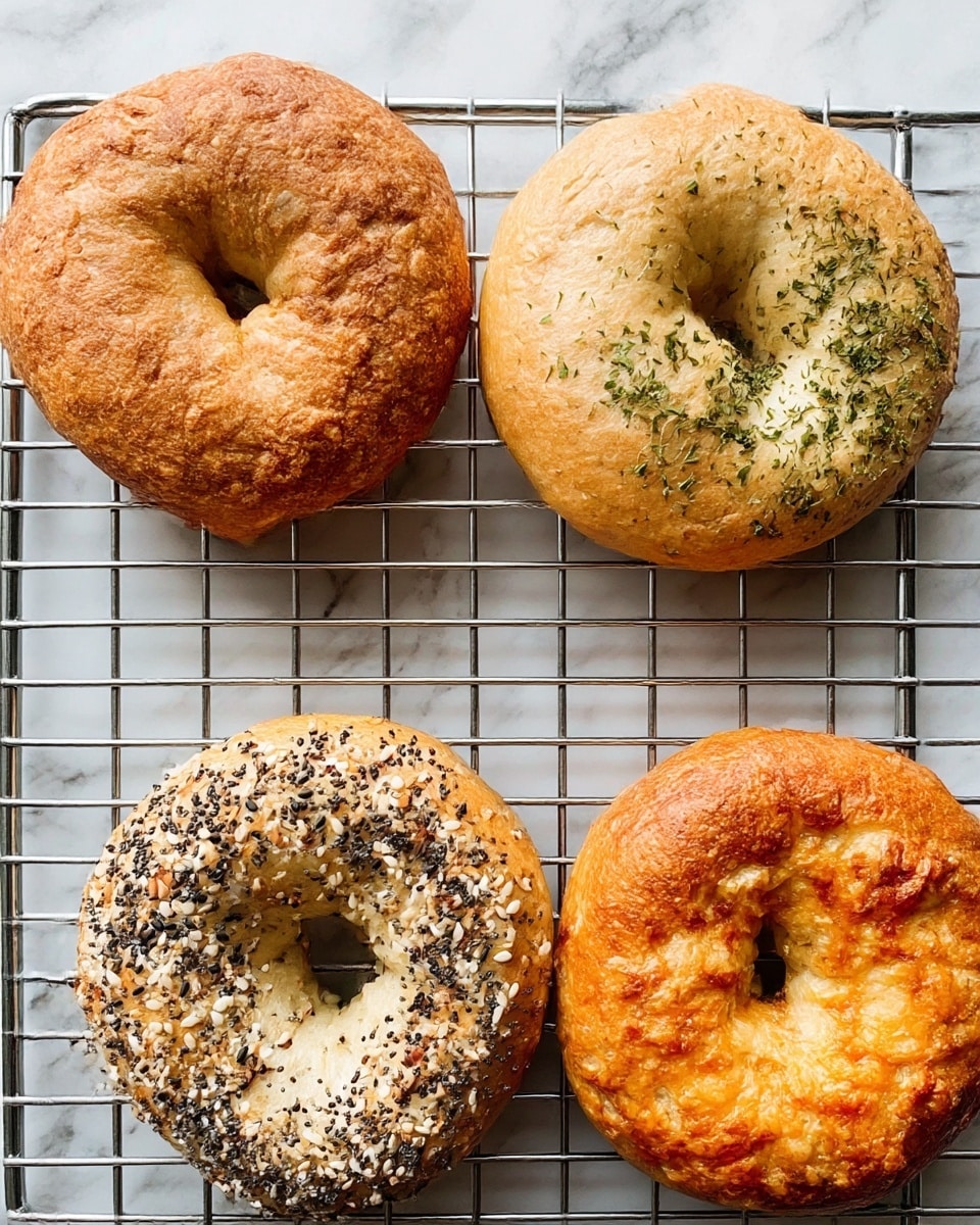 Four bagels are placed on a silver cooling rack over a white marbled surface. The top left bagel is plain with a rough, golden-brown crust. The top right bagel has a light golden color sprinkled with green herbs. The bottom left bagel is covered with a mix of white sesame seeds, black seeds, and dried garlic flakes, giving it a speckled look. The bottom right bagel has a shiny, golden-brown crust with bits of melted cheese baked on top. The bagels have a soft, slightly fluffy texture and a round shape with a hole in the middle. photo taken with an iphone --ar 4:5 --v 7