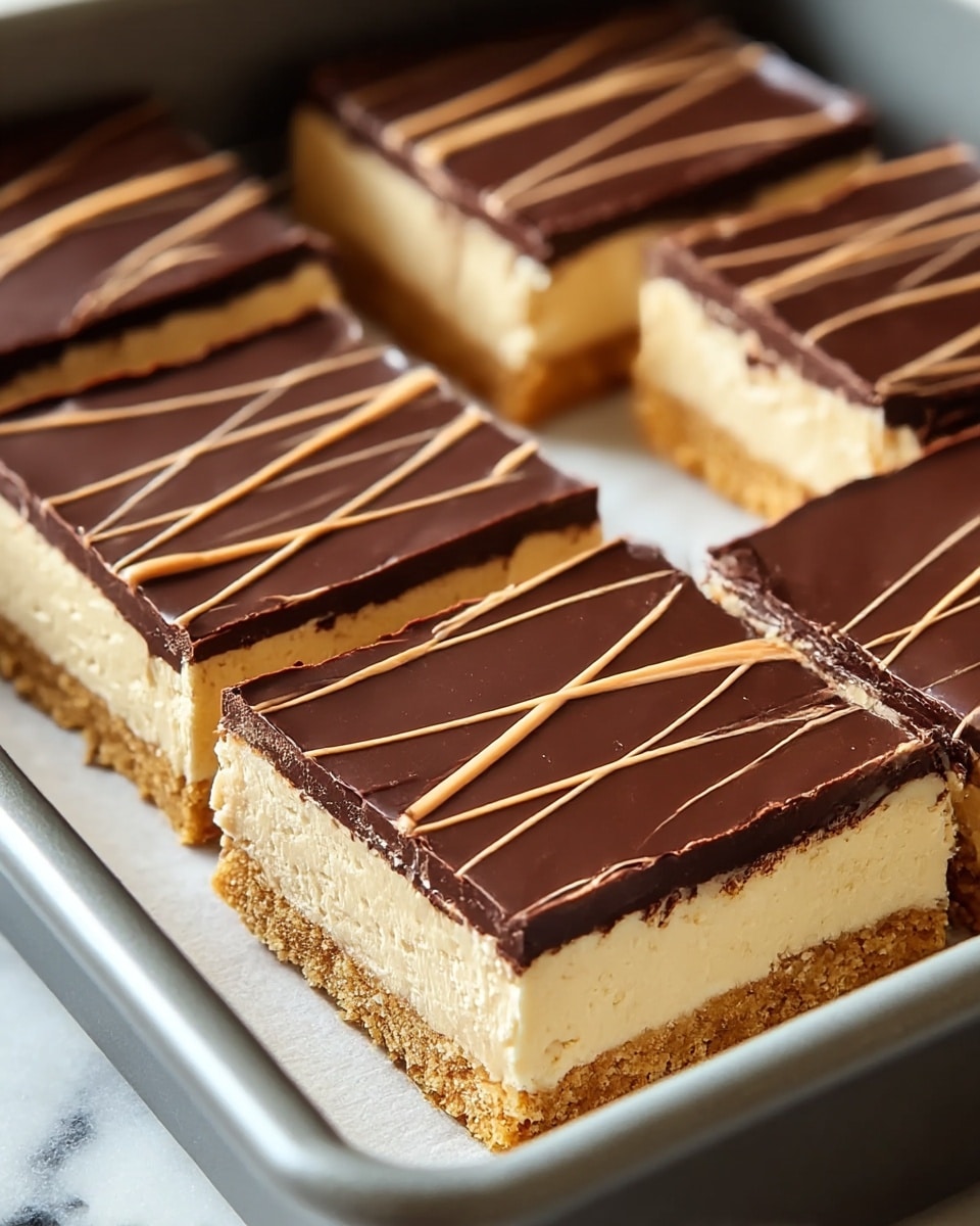 This image shows four square dessert bars inside a gray baking pan on a white marbled surface. Each bar has three distinct layers: the bottom layer is crumbly and golden-brown, resembling a cookie or graham cracker crust. Above that is a thick, smooth creamy layer in a light beige color. The top layer is a shiny dark chocolate glaze, with thin light brown stripes drizzled across it in a neat, diagonal pattern. The bars are close together and the focus is sharp on the front bar, showing detailed texture of the creamy and crust layers. photo taken with an iphone --ar 4:5 --v 7