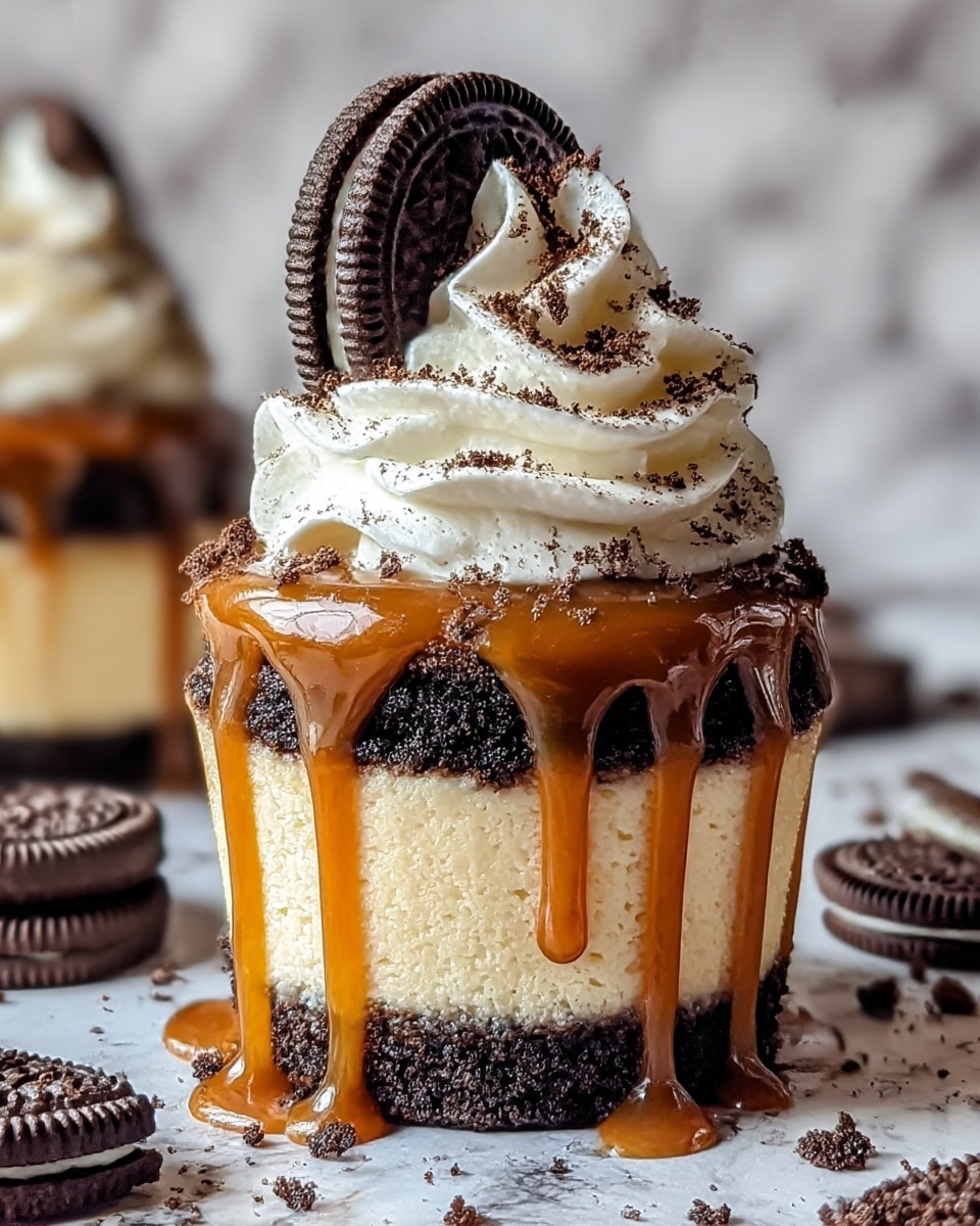 A close-up of a three-layer dessert cupcake with the bottom layer made of dark, crumbly chocolate cookie crust, a thick middle layer of smooth, light cream cheese filling, and a top layer of glossy caramel sauce dripping down the sides. On top, there is a large swirl of white whipped cream sprinkled with fine chocolate crumbs, and a half Oreo cookie standing upright in the whipped cream. The cupcake rests on a surface with scattered cookie crumbs and broken Oreo pieces, all set against a white marbled texture. Photo taken with an iphone --ar 4:5 --v 7