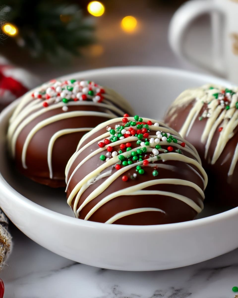 The image shows three round chocolate desserts on a white bowl. Each dessert is smooth and dark brown, covered with thin white chocolate lines drizzled on top. Red, green, and white small round sprinkles are scattered on the desserts. The bowl sits on a white marbled surface with soft light in the background creating a cozy feel. Photo taken with an iphone --ar 4:5 --v 7