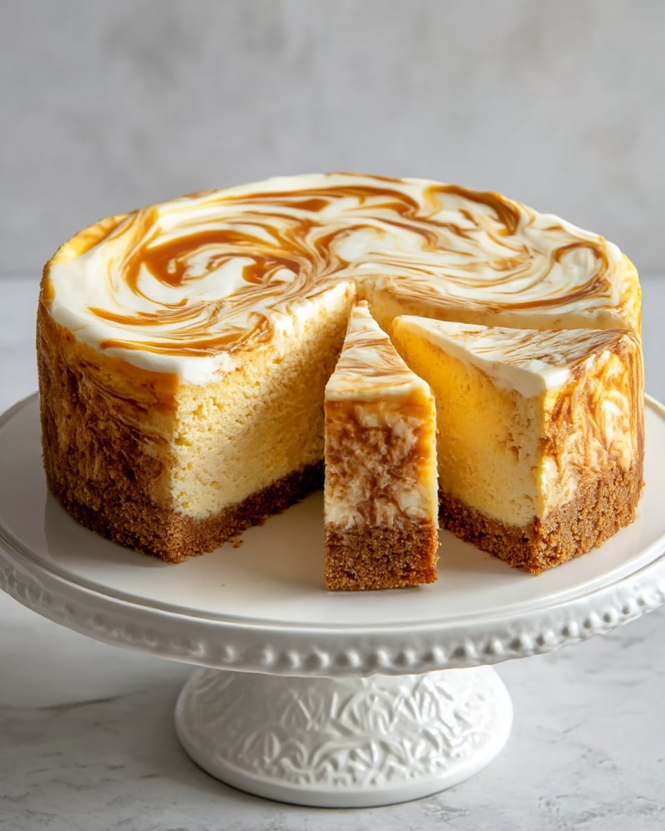 A round cheesecake with three visible layers sits on a white detailed cake stand against a white marbled texture background; the bottom layer is a thick, crumbly brown graham cracker crust, the middle layer is a dense, creamy yellow cheesecake filling, and the top layer is a smooth swirl of white cream mixed with caramel-colored streaks creating a marbled effect, with one slice removed and leaning slightly out to show the inside texture clearly, photo taken with an iphone --ar 4:5 --v 7