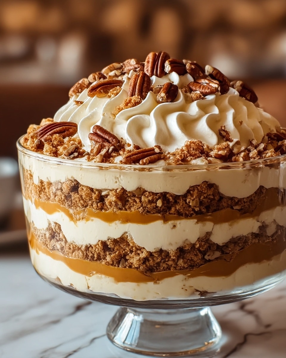 A clear glass bowl holds a layered dessert with five visible layers. The bottom layer is crushed brown crumbs mixed with creamy white bits, followed by a smooth caramel-colored layer. Above this is another layer of the crumb mixture, topped with a thick layer of creamy white filling. The topmost layer is decorative whipped cream piped in large ridges, generously sprinkled with chopped and whole pecans, giving a mix of crunchy texture and smooth cream. The background shows a soft focus of a brown and white setting with a white marbled texture surface. photo taken with an iphone --ar 4:5 --v 7