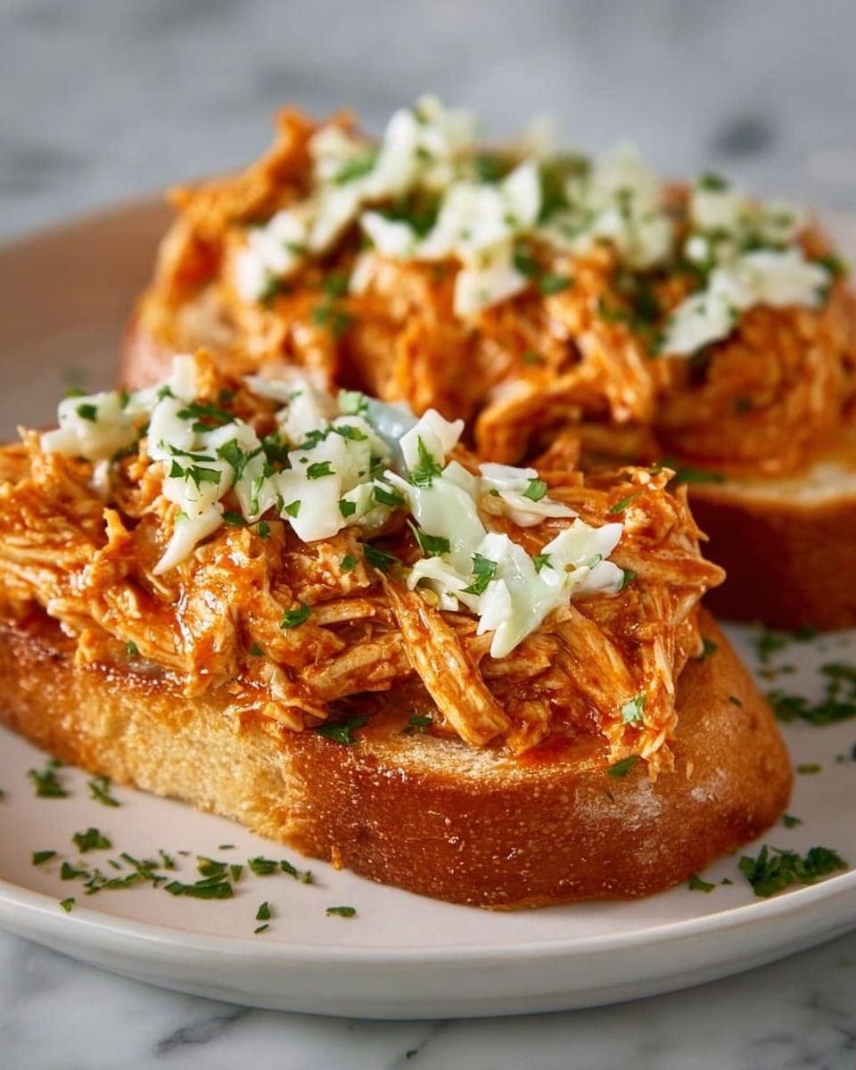 Two pieces of toasted bread are topped with shredded orange-colored chicken mixed with sauce, giving it a moist and textured look. Each toast has a small amount of white coleslaw with bits of green herbs on top, placed near one side of the chicken. The toasts sit on a simple white plate over a white marbled surface, with hints of green herbs scattered around, adding a fresh touch. Photo taken with an iphone --ar 4:5 --v 7