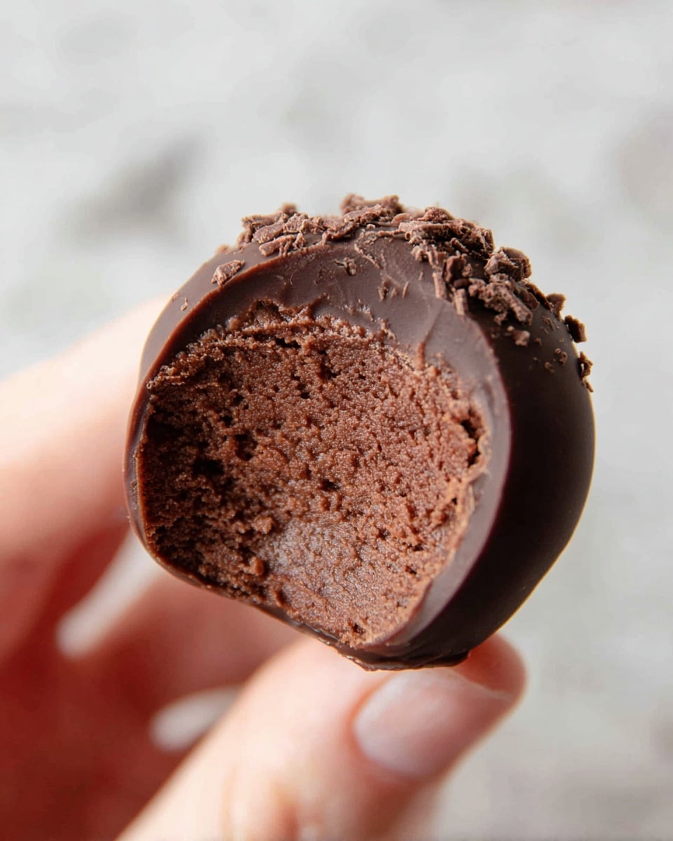 A close-up image of a partially eaten round chocolate truffle, held between the thumb and fingers of a woman's hand. The truffle has a smooth dark chocolate coating with small chocolate bits sprinkled on top and a dense, slightly crumbly chocolate filling inside, showing a rich texture. The background is a soft, out-of-focus white marbled surface. photo taken with an iphone --ar 4:5 --v 7