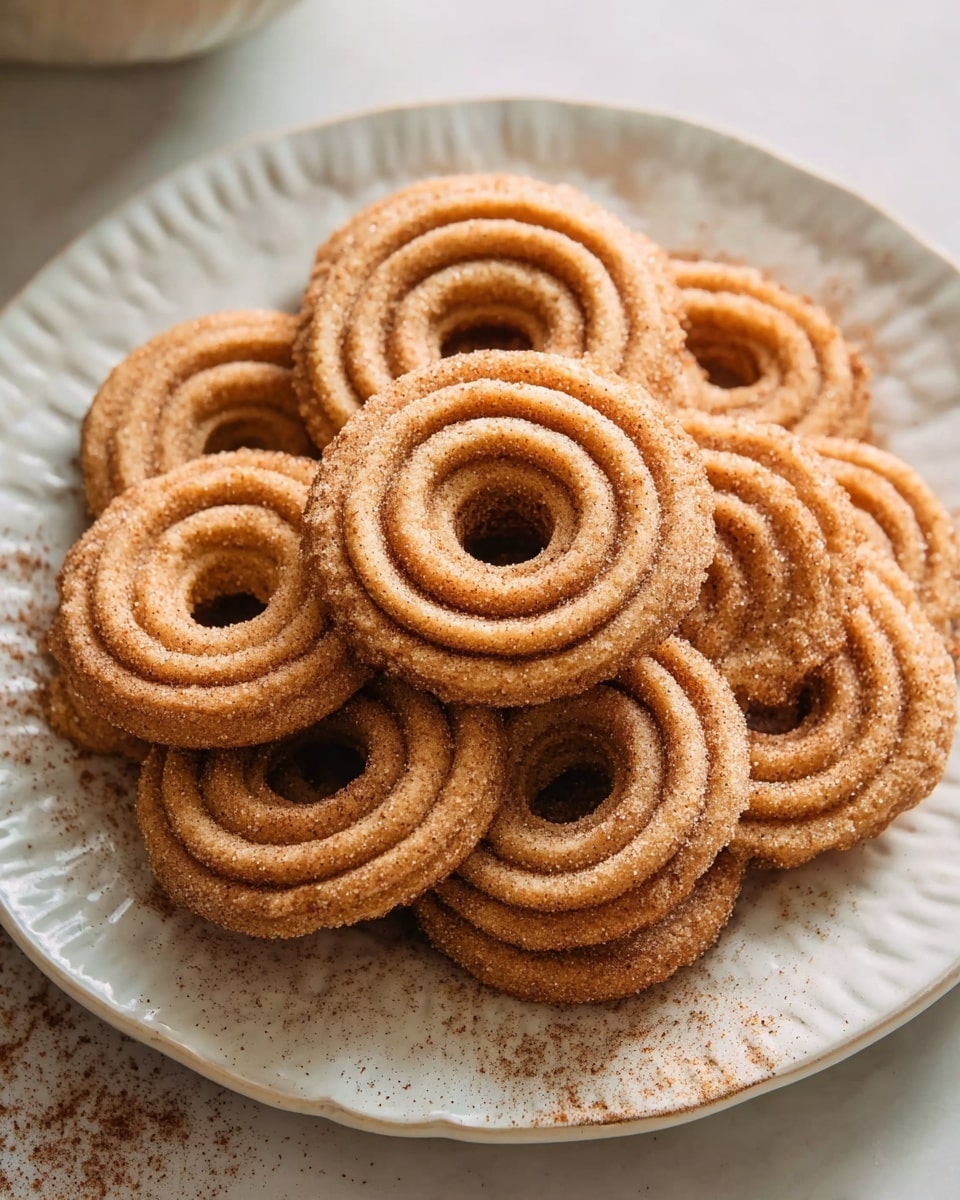 A white plate with a textured edge holds a stack of round cinnamon sugar coated cookies, each with ridged concentric rings and a hole in the center. The cookies are light brown with a granular sugar surface, arranged in a slightly overlapping circular pile. The plate sits on a white marbled surface, and cinnamon powder is lightly sprinkled over the plate and cookies. Photo taken with an iphone --ar 4:5 --v 7