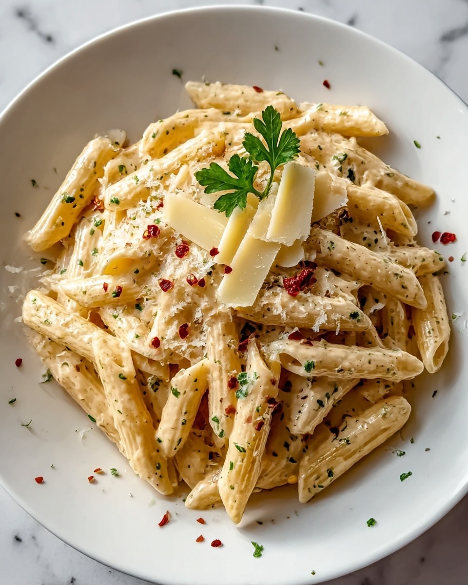 A white plate holds creamy penne pasta coated in a pale yellow sauce, scattered with small green herb bits and tiny red specks. The pasta is layered with a sprinkling of finely grated white cheese and topped with two thin, larger pale cheese slices and a small bunch of fresh green herbs in the center. The plate rests on a white marbled surface with small herb and pepper flakes nearby. photo taken with an iphone --ar 4:5 --v 7