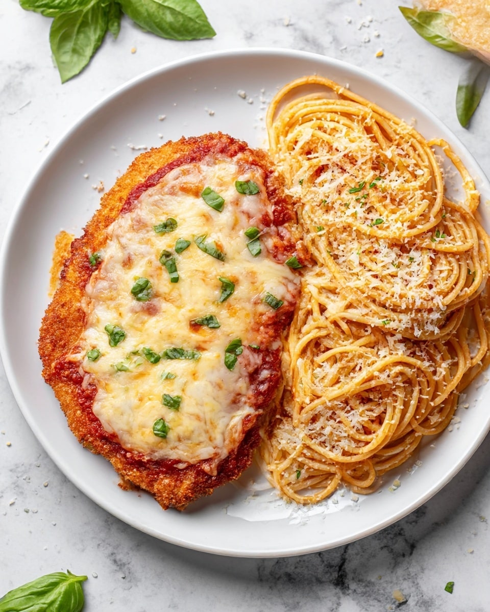 A white plate showing a serving of chicken parmesan and a side of spaghetti. The chicken parmesan has three layers: a crispy golden-brown breaded chicken base, a middle layer of bright red tomato sauce, and a top layer of melted, slightly browned white cheese sprinkled with small green basil pieces. Next to it, the spaghetti is coated in a red tomato sauce, lightly sprinkled with grated cheese and chopped green basil. The plate sits on a white marbled surface with scattered basil leaves and some grated cheese around. photo taken with an iphone --ar 4:5 --v 7