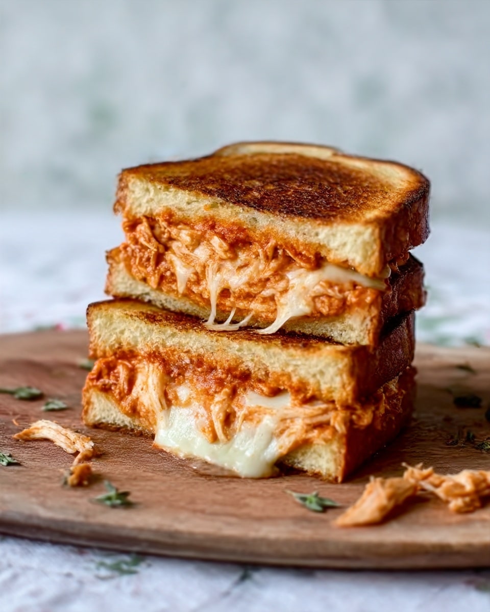 The image shows a close-up of a thick sandwich with two layers of toasted golden-brown bread that has crisp, slightly charred edges. Between each toast slice, there is a generous amount of shredded, saucy chicken with a reddish-orange sauce, giving it a juicy texture. Melted cheese oozes from both layers, stretching slightly and adding a creamy white contrast to the warm colors of the chicken and bread. The sandwich is resting on a light brown wooden board with scattered herbs and spices around it. The background has a soft, blurred look with a white marbled texture underneath the board. photo taken with an iphone --ar 4:5 --v 7