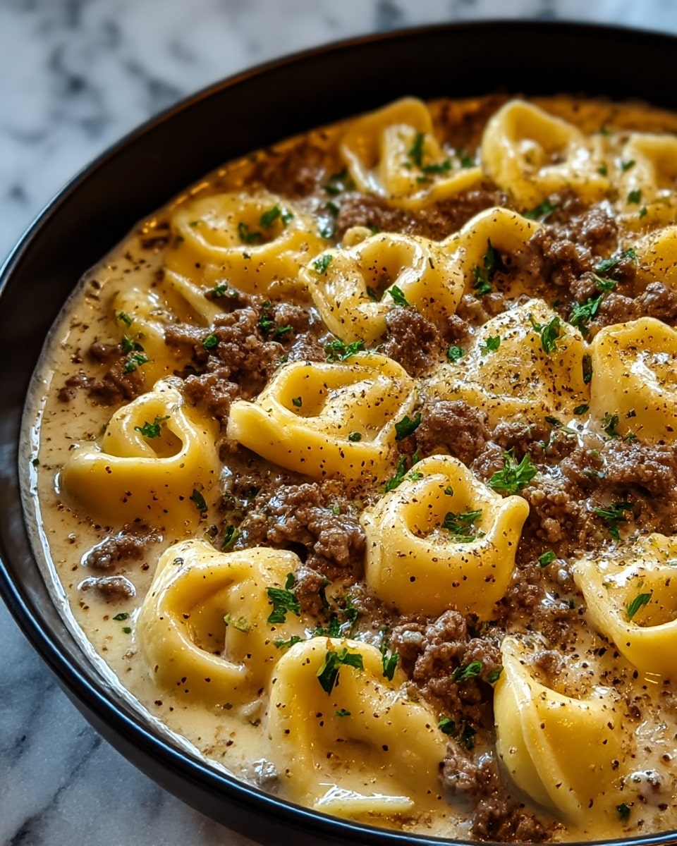 A close-up view of a black bowl filled with creamy tortellini pasta covered in a rich, light-brown sauce. The tortellini pieces are pale yellow with a smooth, slightly shiny texture and are folded into rings. Scattered on and between the pasta are small chunks of browned ground meat, adding a textured contrast. The dish is sprinkled with finely chopped green herbs, giving pops of fresh color on top. The bowl sits on a white marbled surface. photo taken with an iphone --ar 4:5 --v 7