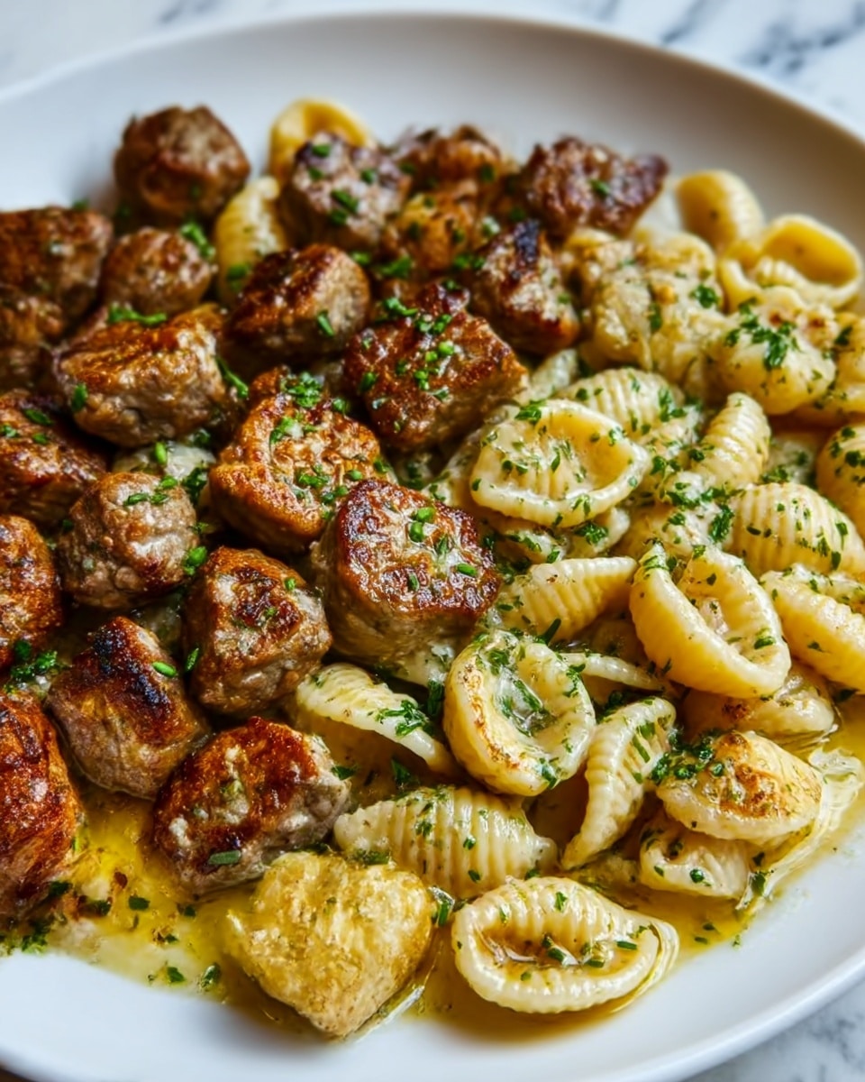 The image shows a white plate filled with two main parts: on the left side, there are small, round gnocchi pasta pieces coated in a light, creamy sauce with a shiny texture, sprinkled with green herbs; on the right side, there is a pile of grilled beef pieces, charred brown with a slightly crisp surface, also garnished with green herbs. The colors contrast between pale, creamy yellow gnocchi and rich, dark brown meat, all placed on a white marbled surface. Photo taken with an iphone --ar 4:5 --v 7