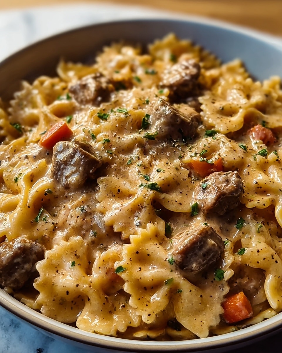 A close-up of a white bowl filled with creamy pasta dish. The bottom layer shows farfalle pasta with a smooth, slightly glossy yellow color mixed well with chunks of cooked ground beef, which have a rich brown texture. The creamy sauce coats the pasta and meat evenly, with a light beige color and subtle shine. Small pieces of orange carrot are mixed in the dish, adding some color contrast. On top, a few green herb leaves and a little sprinkle of black pepper add texture and color. The bowl is placed on a white marbled textured surface. photo taken with an iphone --ar 4:5 --v 7