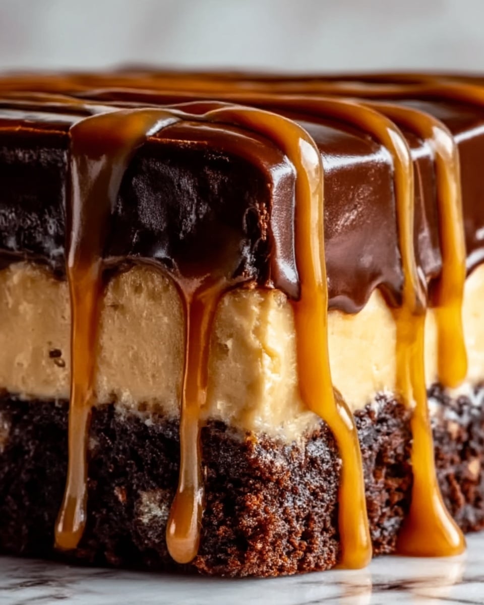 A close-up of a rich chocolate cake with three visible layers: the bottom layer is a dense, dark chocolate base; the middle layer is a creamy light caramel color with a smooth texture; the top layer is thick dark chocolate ganache with pieces of chopped pecans. Thick caramel sauce drips slowly down the sides over the ganache and nuts, adding a glossy, sticky shine. The background is a white marbled texture. Photo taken with an iphone --ar 4:5 --v 7