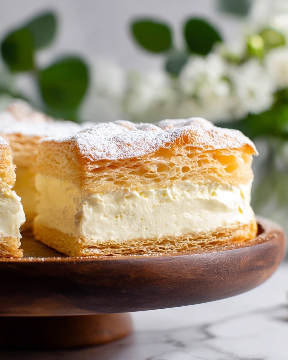 A close-up of a slice of cream-filled pastry with three visible layers, placed on a dark wooden stand. The bottom layer is a light brown, slightly flaky pastry base. The middle layer is a thick, smooth, pale yellow cream filling. The top layer is a puffy, airy pastry crust in golden brown color, dusted lightly with white powdered sugar. The background shows the rest of the pastry blurred, sitting on a white marbled surface with soft green leaves and white flowers in the back. photo taken with an iphone --ar 4:5 --v 7