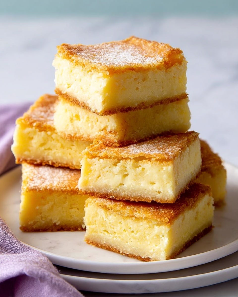 The image shows a white round plate with several square lemon bars stacked loosely on top of each other. Each bar has a golden crust with a slightly cracked and flaky top layer, revealing a moist and soft yellow filling underneath. The edges are crisp and browned, contrasting with the lighter, smooth interior of the bars. The plate sits on a white marbled surface with a hint of a purple cloth visible in the top right corner. photo taken with an iphone --ar 4:5 --v 7