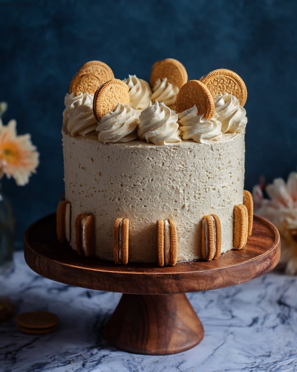 A round cake with two layers covered in light beige, slightly textured frosting stands on a wooden cake stand. Around the bottom edge of the cake are golden sandwich cookies sliced in half and placed upright, evenly spaced. On the top edge, there are six large swirls of whipped cream, each topped with a whole golden sandwich cookie standing vertically. The background is a dark blue, and the cake is on a white marbled surface. photo taken with an iphone --ar 4:5 --v 7