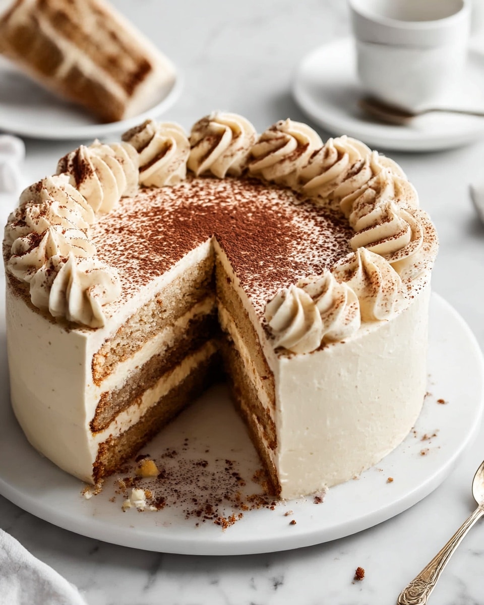 A round layered cake with four distinct layers sits on a white plate over a white marbled surface. The bottom cake layer is dark brown, followed by a thick light brown cream layer, then a light cake layer with darker spots, topped again by a creamy layer. The outside is covered with smooth white frosting, decorated with piped swirls around the top edge, each sprinkled with cocoa powder. The top of the cake has a thin layer of cocoa powder with a round section near the center showing the white frosting underneath. There are a few crumbs on the plate near the exposed cut slice. In the background, a white cup and saucer, a small white plate with two chocolate squares, and a gold spoon add to the setting. photo taken with an iphone --ar 4:5 --v 7