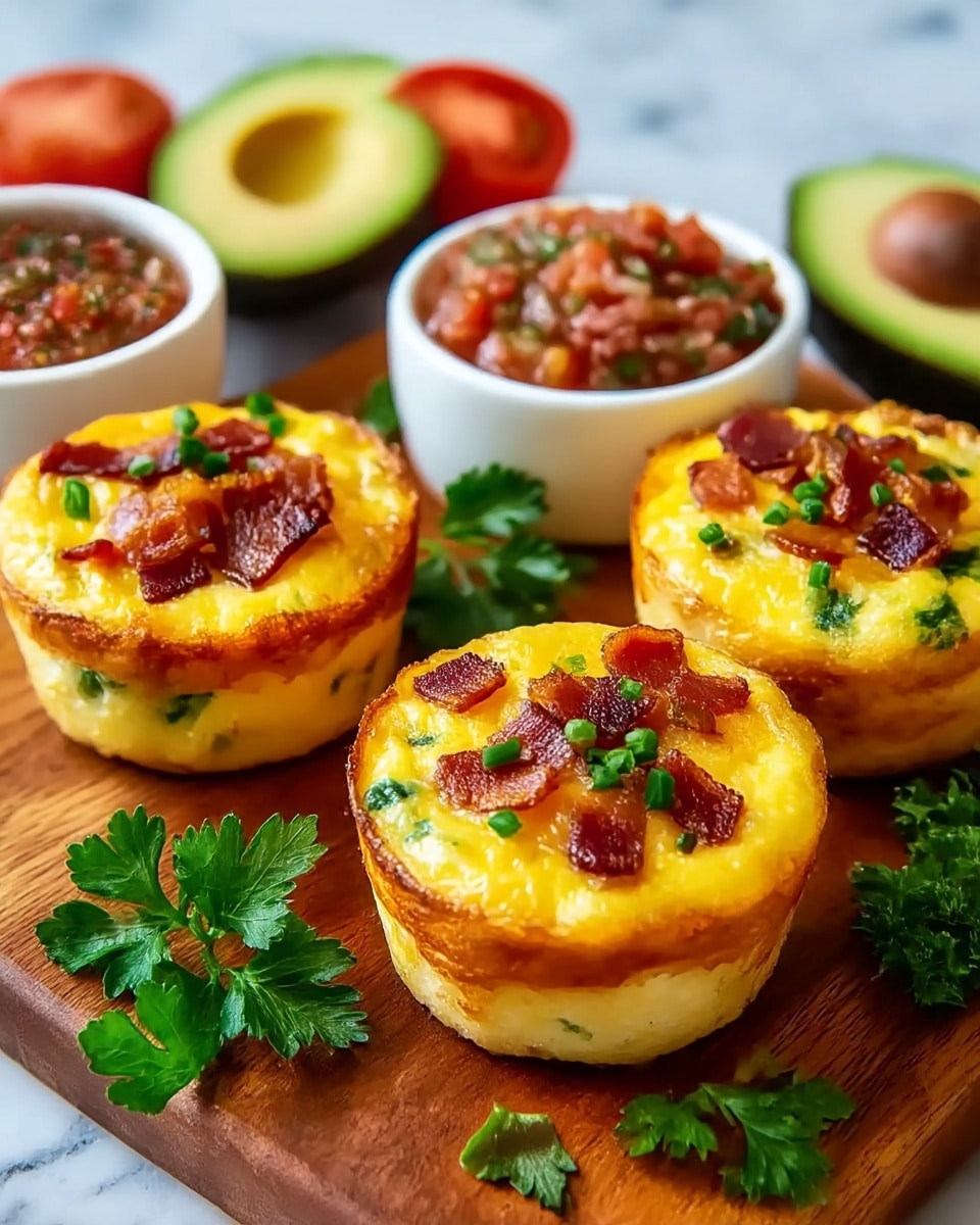 Four mini egg tarts sit on a wooden board, each with a golden, flaky crust forming a firm base and sides. The tarts are filled with a smooth yellow egg custard layer, topped with small crispy bacon pieces scattered evenly, and finely chopped green herbs sprinkled on top. Behind the tarts, there are two small white bowls containing red salsa with chunks of tomato and green herbs. Fresh parsley leaves are placed around the board, with whole tomatoes and an avocado blurred softly in the white marbled background. photo taken with an iphone --ar 4:5 --v 7