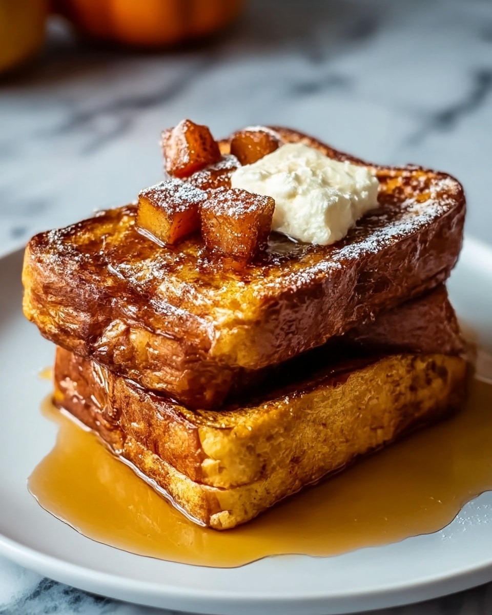 A stack of two thick, golden-brown French toast slices sits in the center of a white plate, each slice showing a crispy, caramelized texture on the edges and soft, fluffy interiors. The top slice is crowned with a small dollop of creamy white butter, surrounded by several small, evenly browned cubes of caramelized fruit or fried pieces, sprinkled lightly with powdered sugar. A pool of rich, amber-colored syrup spreads beneath and around the toast, creating a glossy shine and some light reflections on the plate. The setting is on a white marbled texture surface, giving a clean and fresh look. Photo taken with an iphone --ar 4:5 --v 7