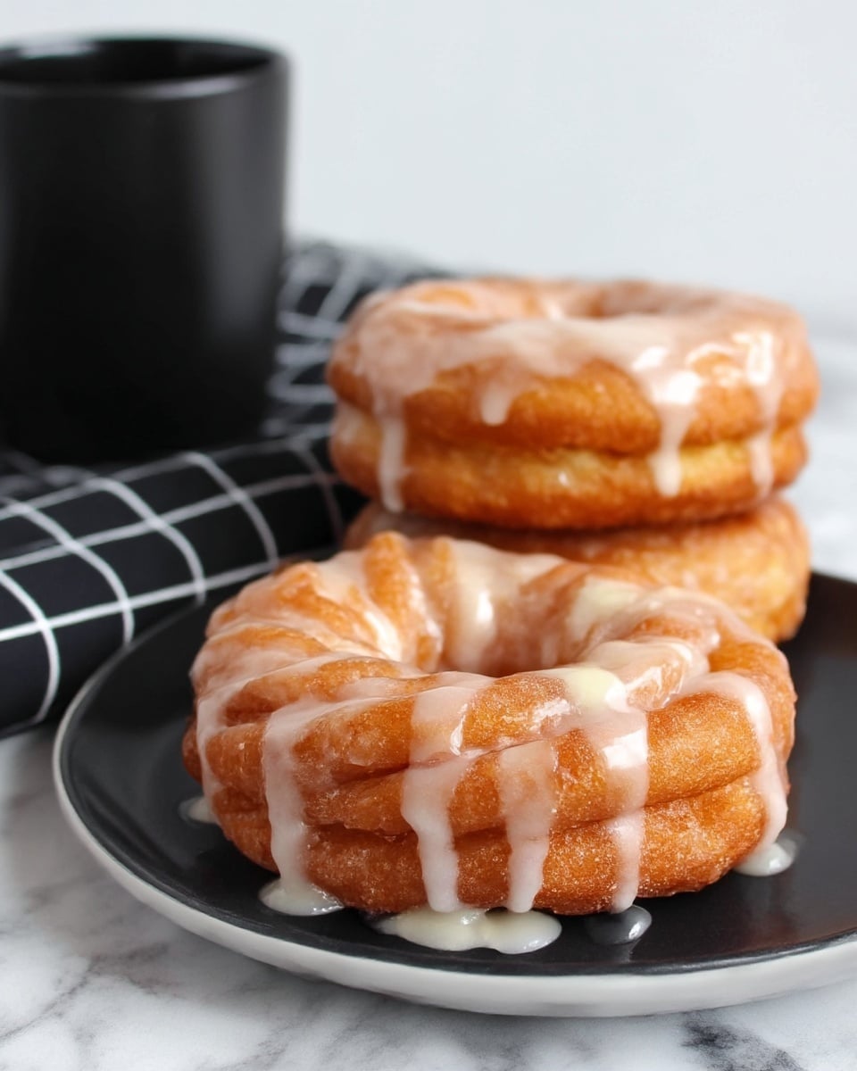 The image shows two cream-filled glazed donuts on a white plate, each donut having two layers with a golden-brown crispy texture. The donuts are covered with a shiny white glaze that drips down the sides, adding a glossy look. One donut is stacked with another behind it, showing its round shape with a hole in the middle, while the second donut reveals a creamy white filling squeezed inside its layers. In the background, there is a black cup and a black-and-white patterned cloth, all set on a white marbled texture surface. photo taken with an iphone --ar 4:5 --v 7
