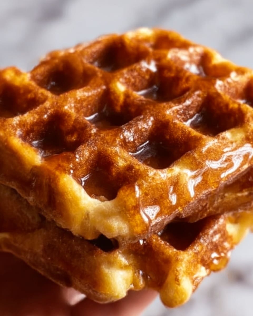 The image shows a close-up of two golden brown waffles stacked on top of each other, with a thick layer of syrup dripping down the sides, making them look shiny and sticky. The waffles have a crispy texture with visible square patterns. The background is a white marbled surface, highlighting the rich color of the waffles and syrup. Photo taken with an iphone --ar 4:5 --v 7