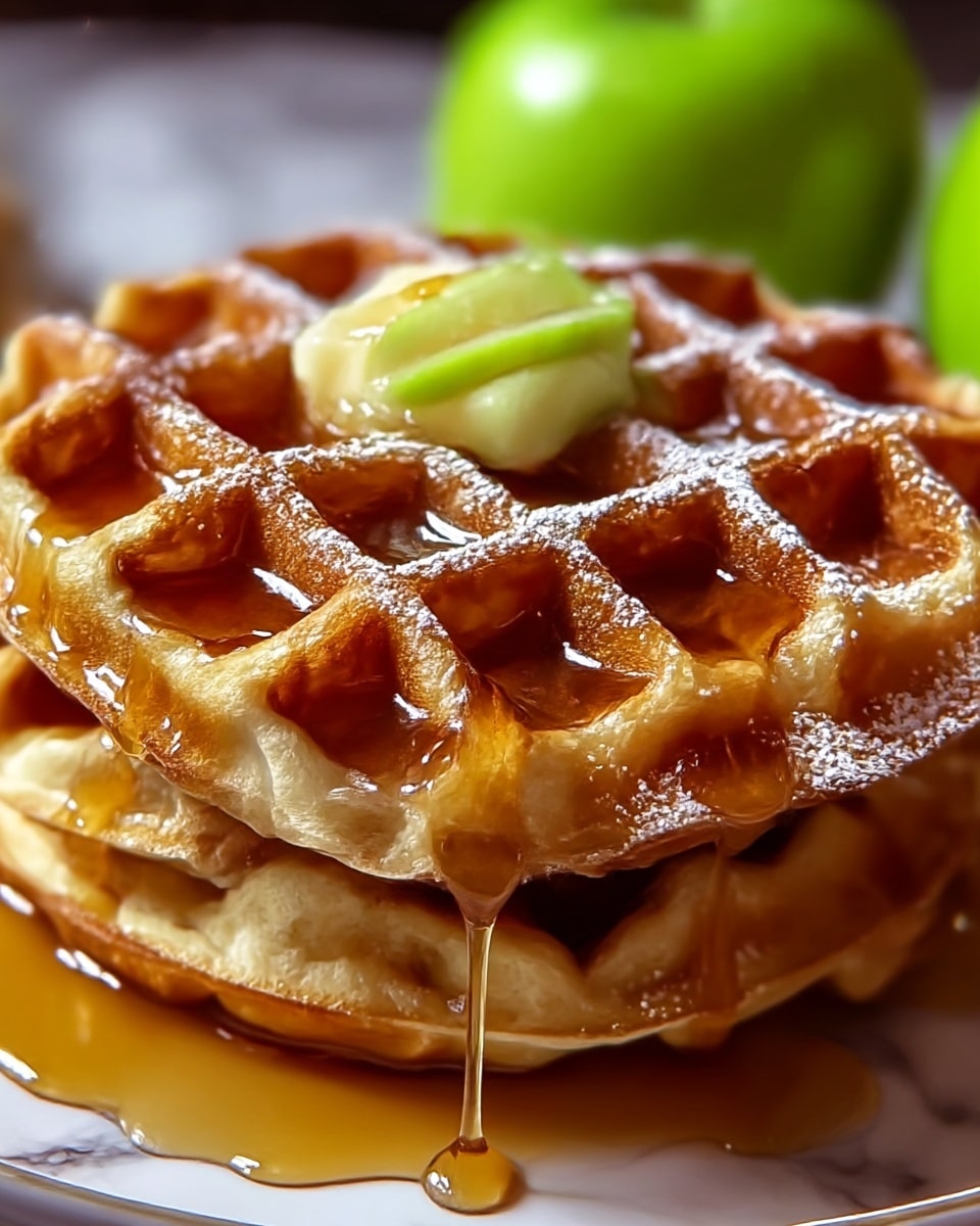 A stack of two golden-brown waffles with crispy edges sits on a white plate on a white marbled surface; the top waffle is covered in shiny, golden syrup that glistens in the light and drips slightly over the sides, with a small dollop of light yellow butter melting in the center and a light dusting of powdered sugar over the syrup and waffles, adding a soft white contrast to the warm colors of the dish, photo taken with an iphone --ar 4:5 --v 7