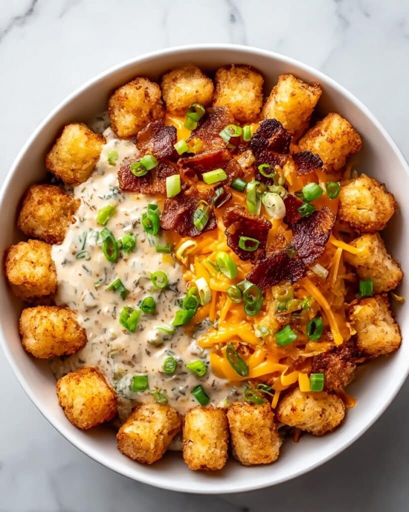 Tater Tot Breakfast Bowl with Eggs, Sausage, Cheese, and Gravy Recipe