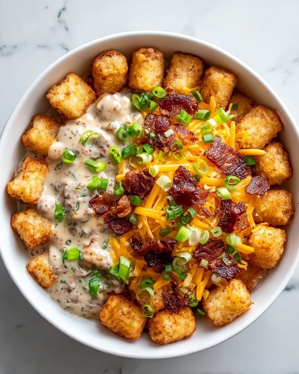 A white bowl filled with one layer of crispy, golden-brown tater tots placed around the edge, surrounding a middle layer split into two halves: one side covered with creamy white gravy speckled with herbs, and the other side topped with bright orange melted shredded cheese. On top of both halves are pieces of crispy dark brown bacon and scattered sliced green onions. The bowl sits on a white marbled surface. Photo taken with an iphone --ar 4:5 --v 7