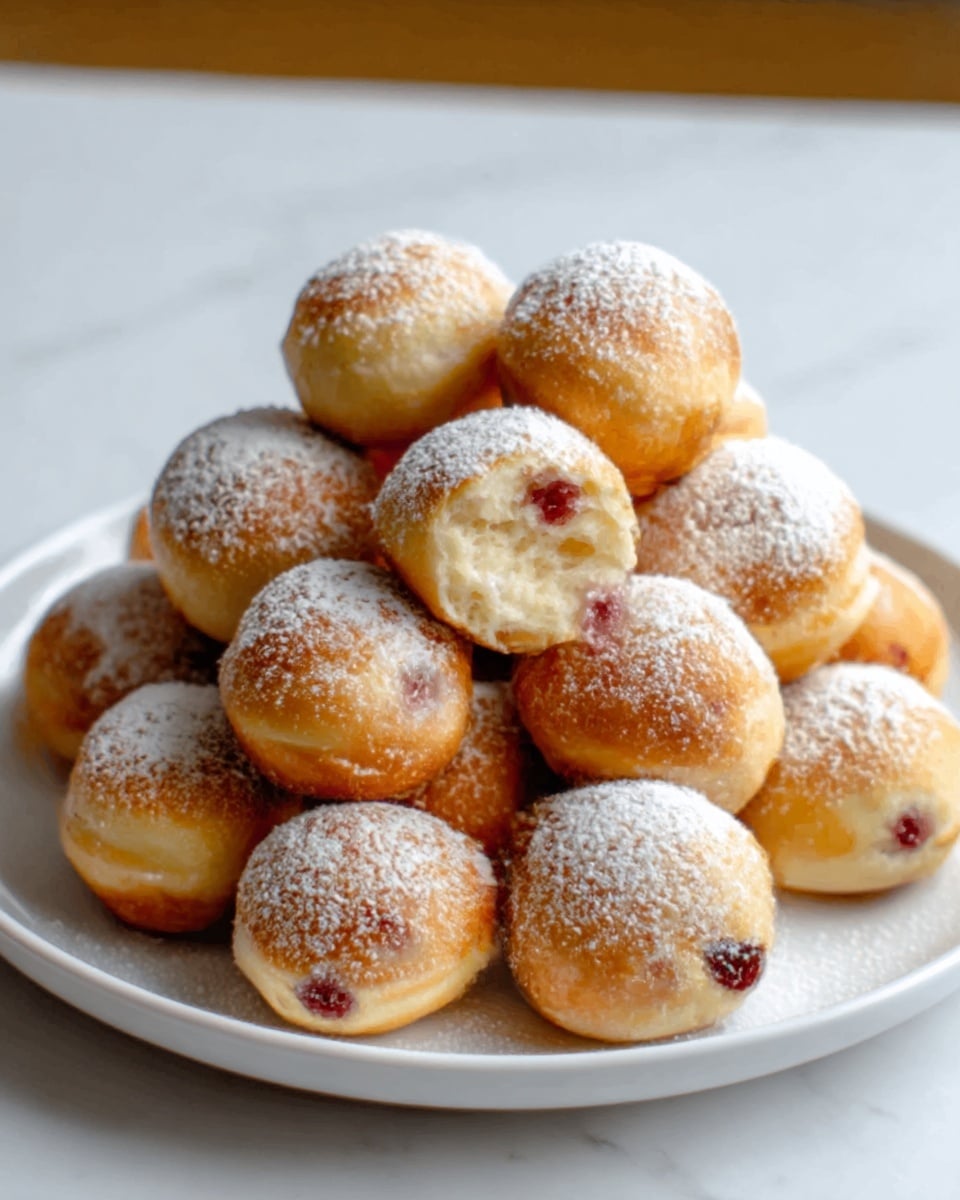 A white plate holds a stack of about fifteen small round dough balls with a golden brown outside, some showing a light glaze. One dough ball is cut open near the top center, revealing a soft, fluffy inside with bits of red fruit mixed in. The dough balls are dusted with a light layer of powdered sugar, creating a white, powdery contrast on the warm brown color. The plate sits on a white marbled surface with a blurred neutral background. Photo taken with an iphone --ar 4:5 --v 7