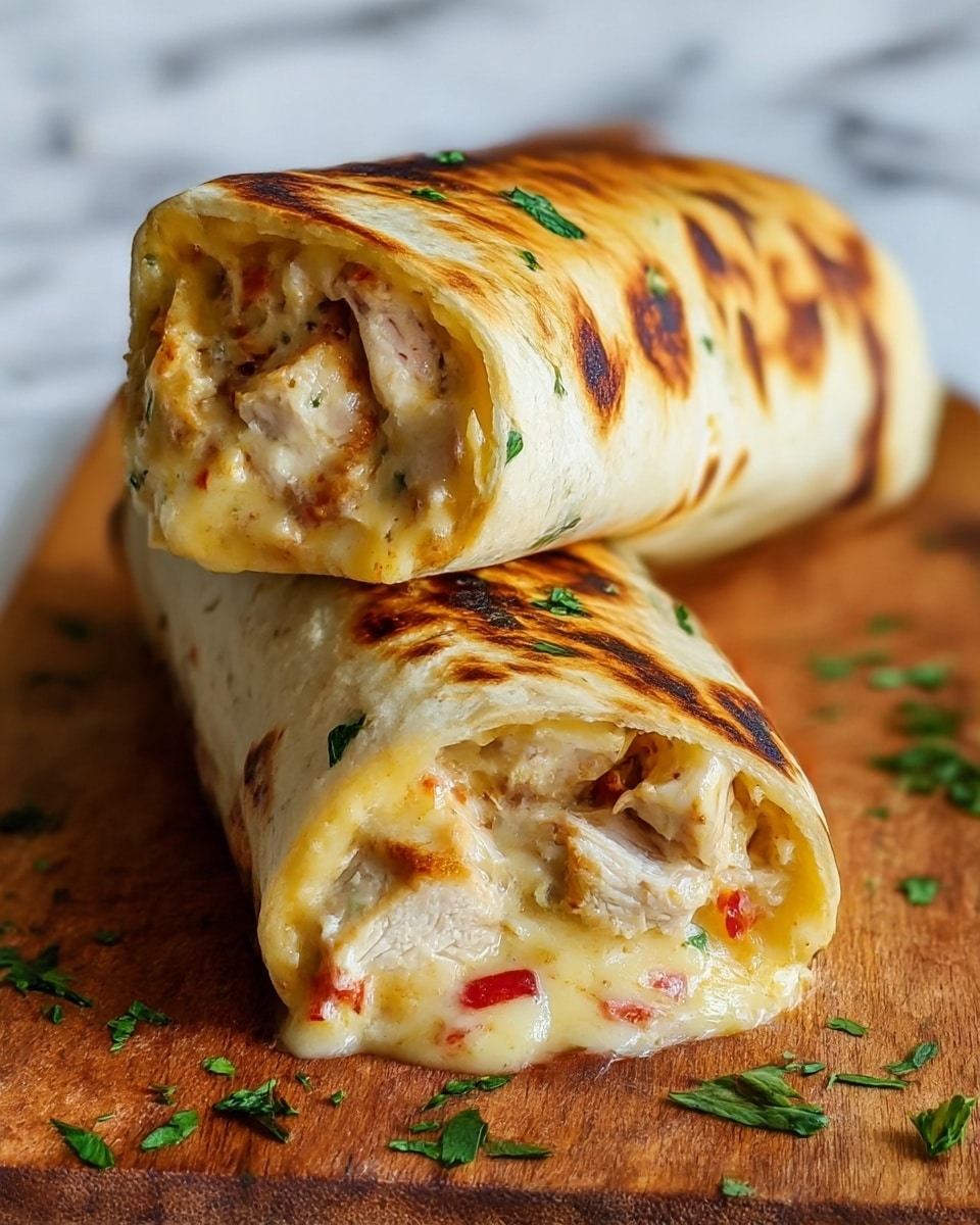 Two grilled chicken and cheese burritos stacked on top of each other on a wooden board. Each burrito is wrapped in a white tortilla with dark brown grill marks on top and specks of green herbs. The burritos are cut open at one end, revealing creamy melted cheese mixed with chunky, golden-brown grilled chicken pieces inside. Small bits of red seasoning are visible in the cheese. Scattered chopped green herbs surround the burritos on the wooden board. The background is a white marbled texture. photo taken with an iphone --ar 4:5 --v 7